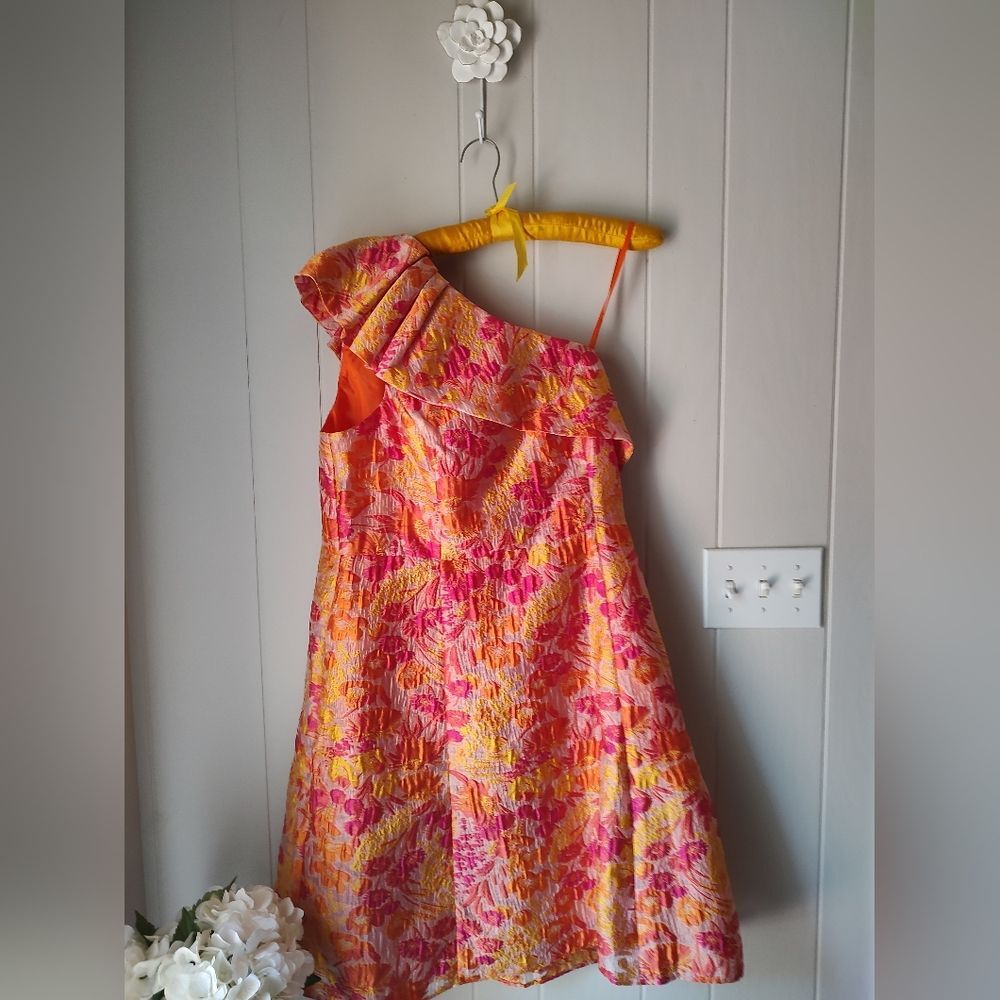 Adrianna Papell One-Shoulder Ruffle Fit-and-Flare Dress in Coral-Pink Print - Picture 4 of 13